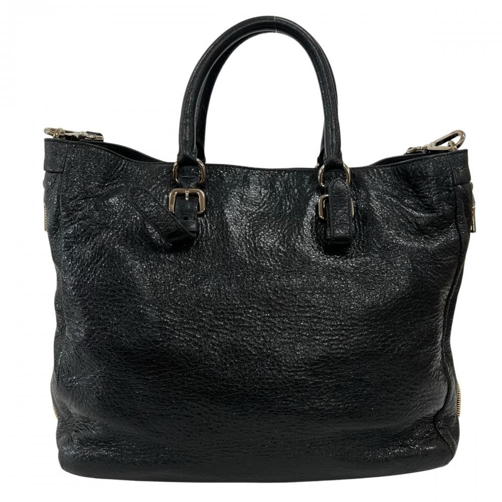 PRADA プラダ トートバッグ メタルロゴ レザー ブラック 黒 ゴールドシルバー金具 レディース【中古品】