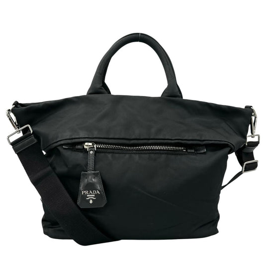 PRADA プラダ ハンドバッグ テスートダブル リバーシブル BN1959 ナイロン ブラック 黒 シルバー金具 レディース【中古品】