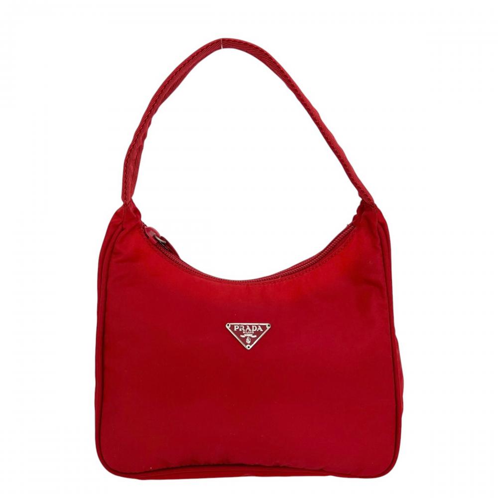 PRADA プラダ ハンドバッグ トライアングルロゴ MV519 ナイロン レッド 赤 シルバー金具 レディース【中古品】