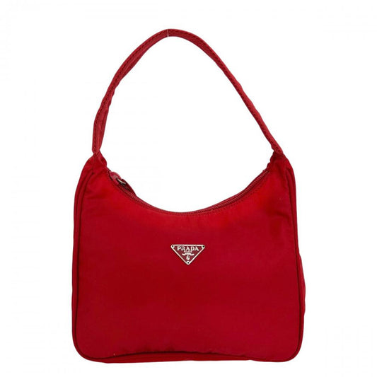 PRADA プラダ ハンドバッグ トライアングルロゴ MV519 ナイロン レッド 赤 シルバー金具 レディース【中古品】