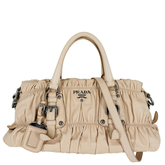 PRADA プラダ 2WAY ギャザー ハンドバッグ ショルダーバッグ BN1407 レザー ベージュ シルバー金具 レディース【中古品】