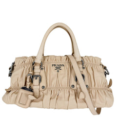 PRADA プラダ 2WAY ギャザー ハンドバッグ ショルダーバッグ BN1407 レザー ベージュ シルバー金具 レディース【中古品】