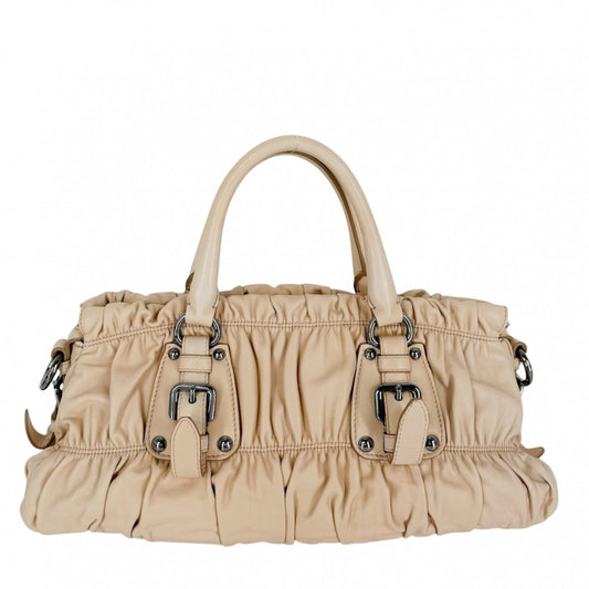 PRADA プラダ 2WAY ギャザー ハンドバッグ ショルダーバッグ BN1407 レザー ベージュ シルバー金具 レディース【中古品】