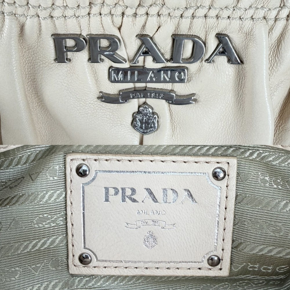 PRADA プラダ 2WAY ギャザー ハンドバッグ ショルダーバッグ BN1407 レザー ベージュ シルバー金具 レディース【中古品】