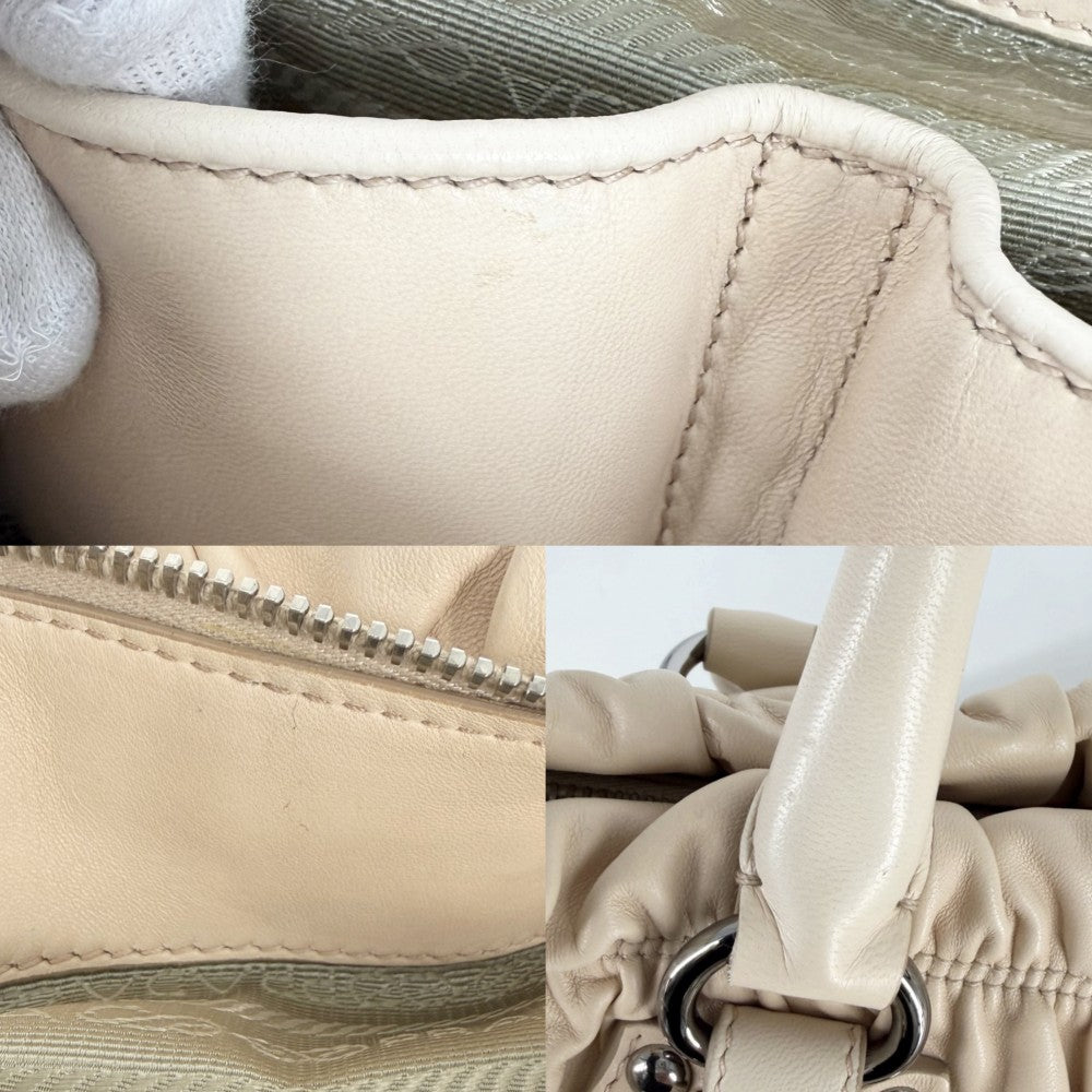 PRADA プラダ 2WAY ギャザー ハンドバッグ ショルダーバッグ BN1407 レザー ベージュ シルバー金具 レディース【中古品】
