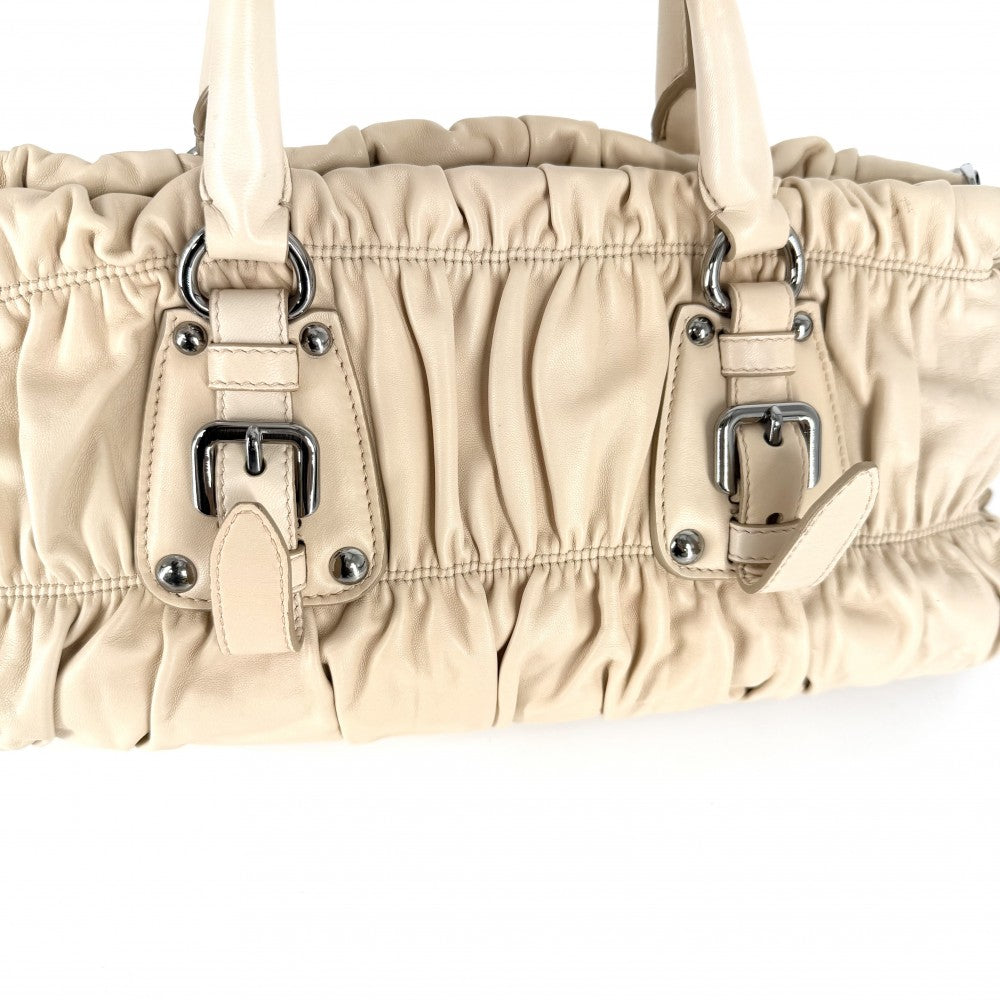 PRADA プラダ 2WAY ギャザー ハンドバッグ ショルダーバッグ BN1407 レザー ベージュ シルバー金具 レディース【中古品】