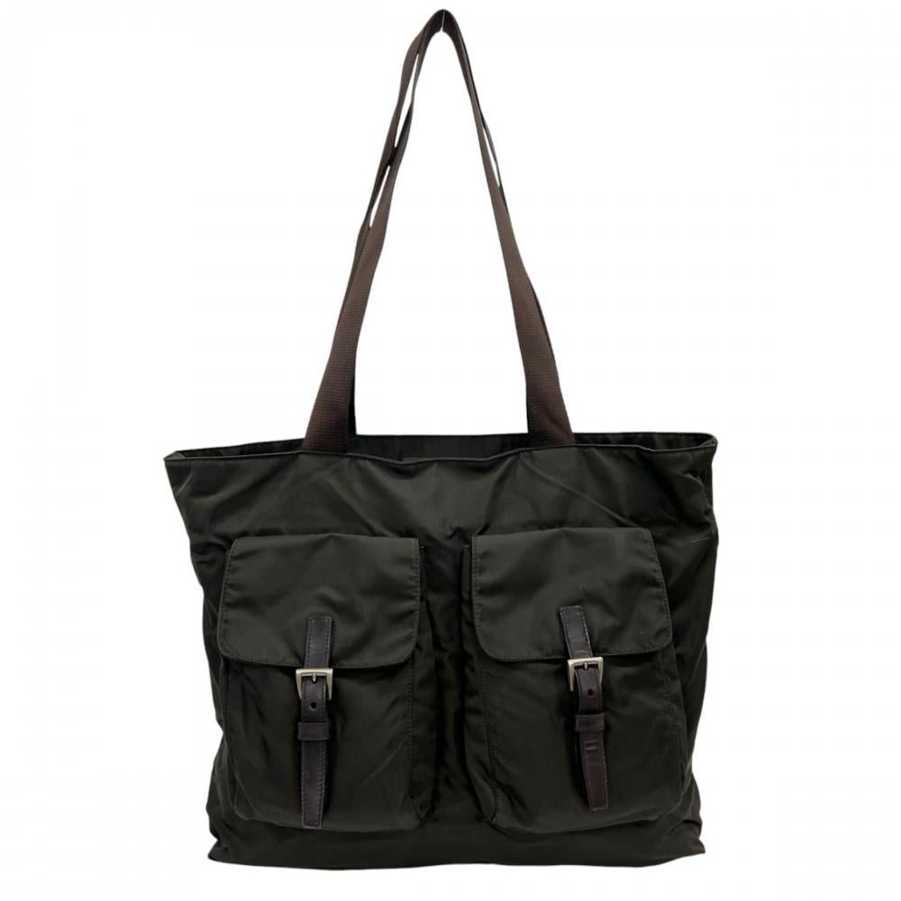 PRADA プラダ トートバッグ 三角ロゴプレート B10311 ナイロン ブラウン 茶 カーキー シルバー金具 ユニセックス【中古品】