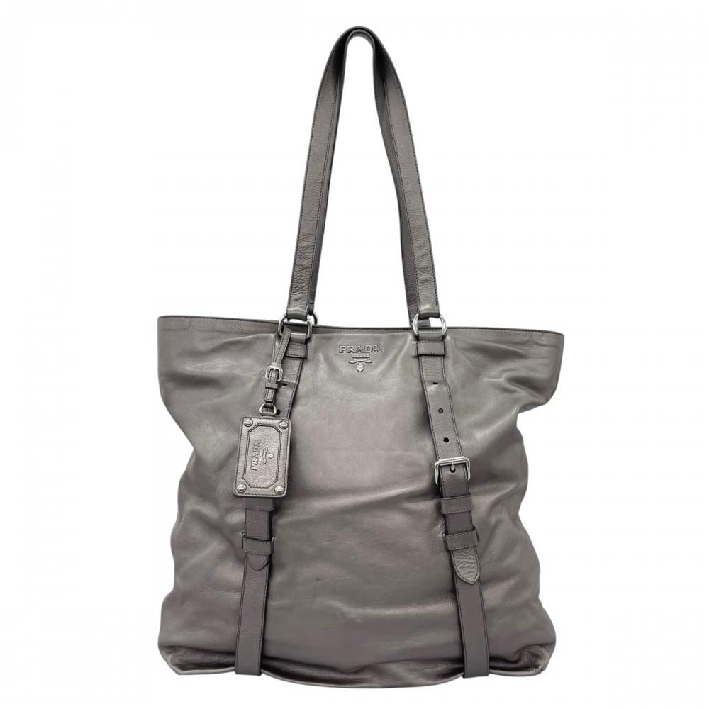 PRADA プラダ トートバッグ ベルテッド レザー メタリック レザー グレー シルバー金具 レディース【中古品】