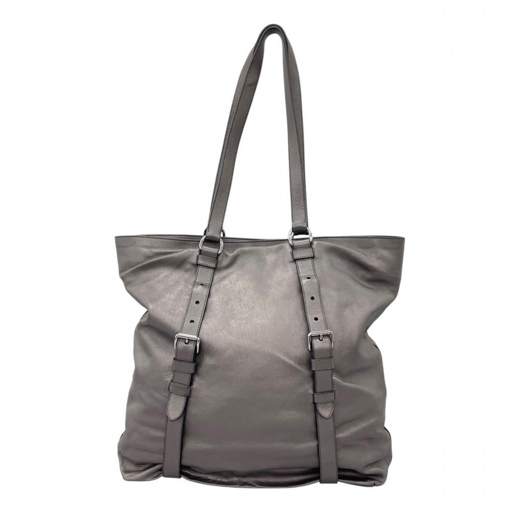 PRADA プラダ トートバッグ ベルテッド レザー メタリック レザー グレー シルバー金具 レディース【中古品】