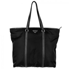 PRADA プラダ トートバッグ トライアングルロゴ Re-Nylon ハンドバッグ レザー ブラック 黒 シルバー金具 ユニセックス【中古品】