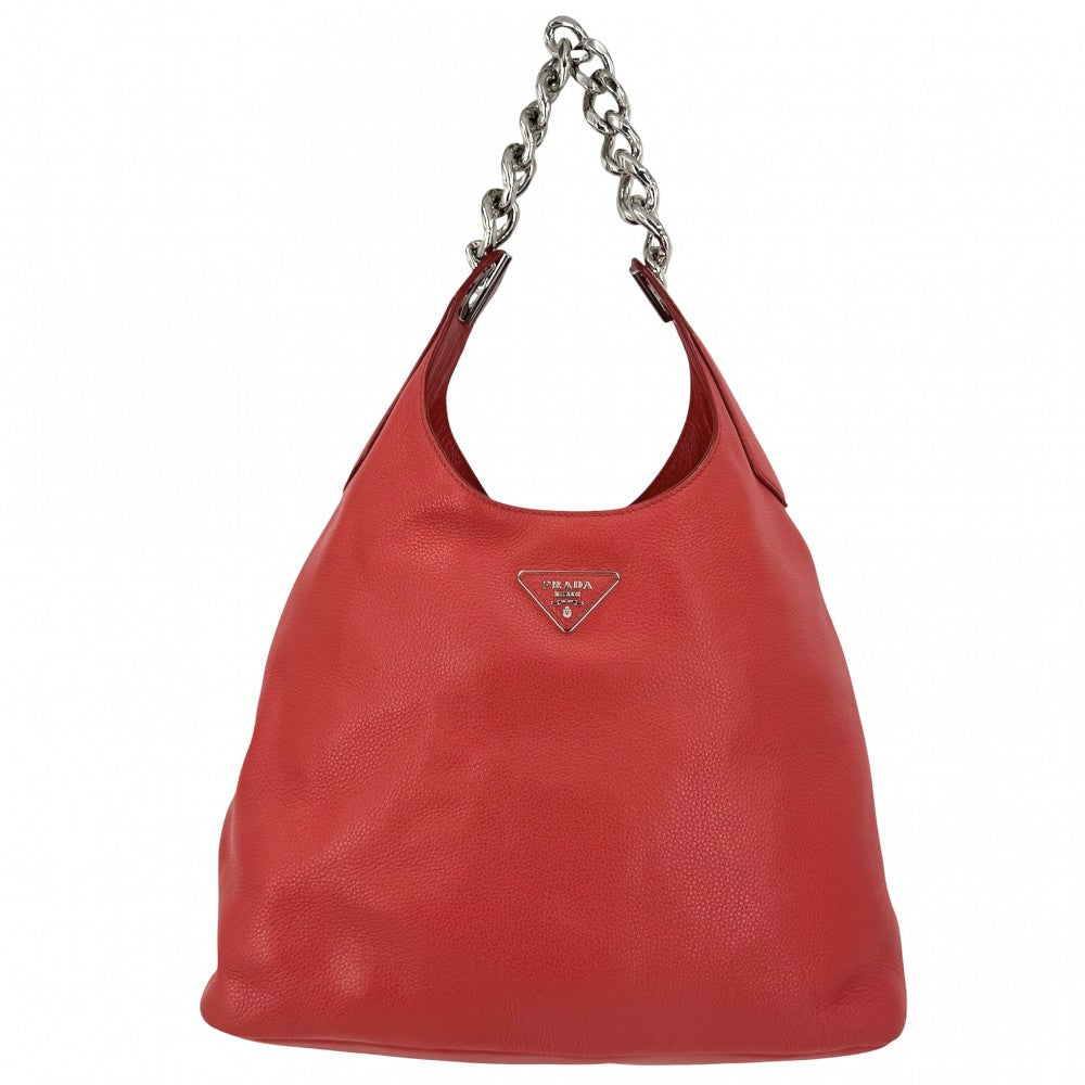 PRADA プラダ ハンドバッグ トライアングルロゴ チェーン 1BC026 レザー レッド 赤 シルバー金具 レディース【中古品】