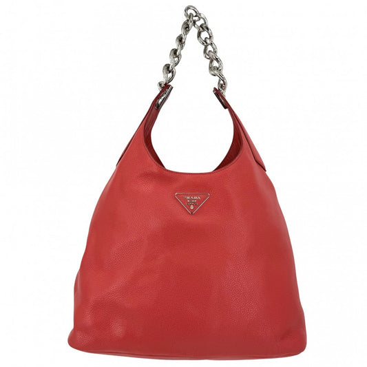 PRADA プラダ ハンドバッグ トライアングルロゴ チェーン 1BC026 レザー レッド 赤 シルバー金具 レディース【中古品】