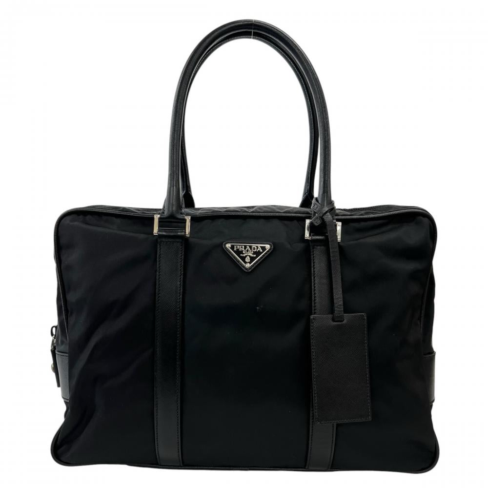 PRADA プラダ ハンドバッグ テスート ビジネスバッグ ナイロン サフィアーノ ブラック 黒 シルバー金具 メンズ【中古品】