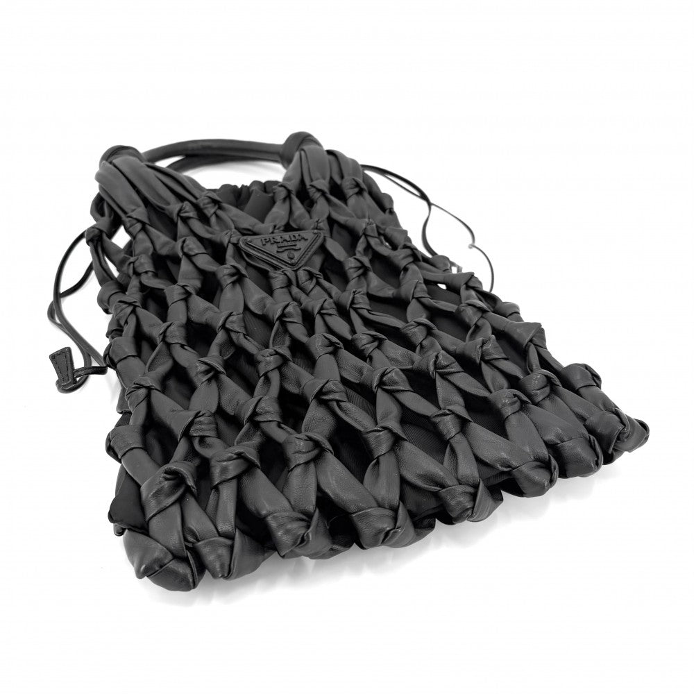 PRADA プラダ ハンドバッグ メッシュ 巾着 トライアングルロゴ 1BC112 レザー ナイロン ブラック 黒 シルバー金具 レディース【中古品】