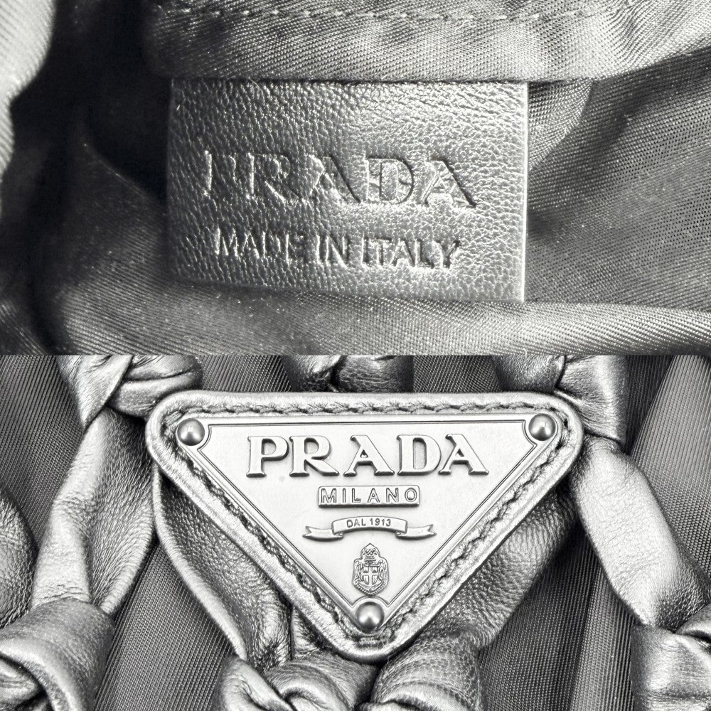 PRADA プラダ ハンドバッグ メッシュ 巾着 トライアングルロゴ 1BC112 レザー ナイロン ブラック 黒 シルバー金具 レディース【中古品】