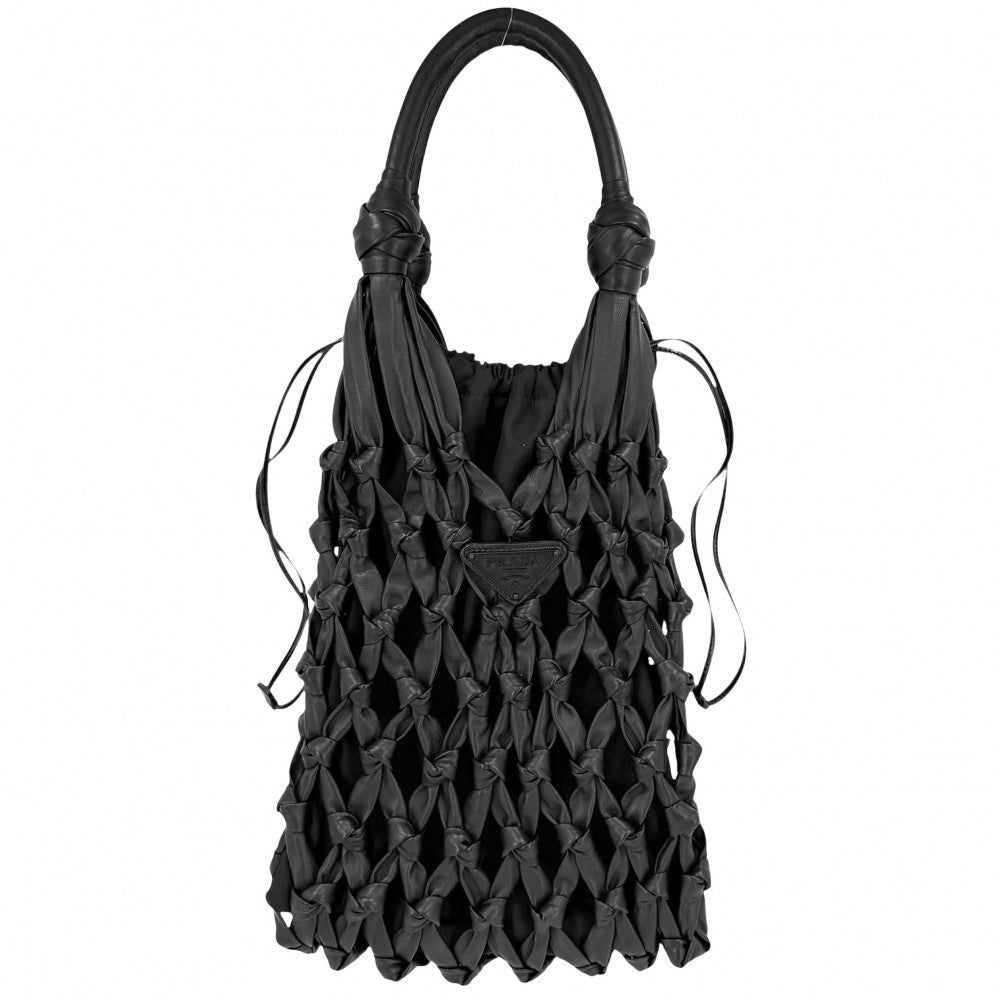 PRADA プラダ ハンドバッグ メッシュ 巾着 トライアングルロゴ 1BC112 レザー ナイロン ブラック 黒 シルバー金具 レディース【中古品】