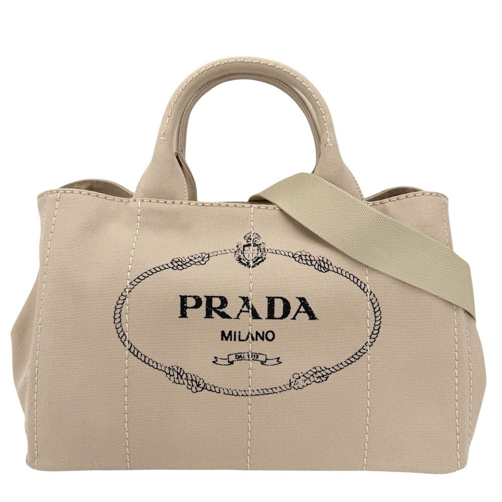 【開店SALE】 PRADA プラダ ハンドバッグ カナパ トートバッグ トライアングルロゴ 2WAY ショルダーバッグ 1BG642 コットン ベージュ ゴールド金具 レディース【中古品】
