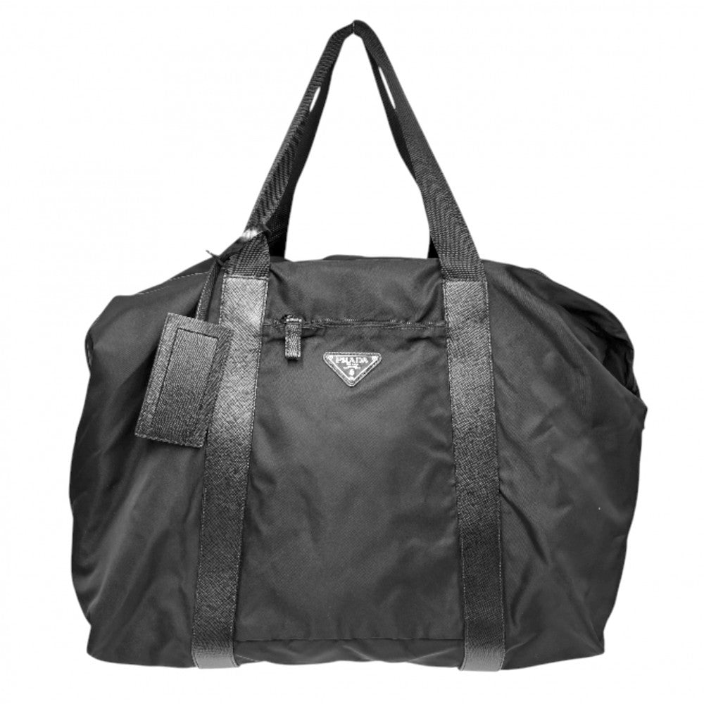 PRADA プラダ ボストンバッグ トライアングルロゴ トートバッグ トラベルバッグ メンズ レディース V49Z ナイロン レザー ブラック 黒 シルバー金具 ユニセックス【中古品】