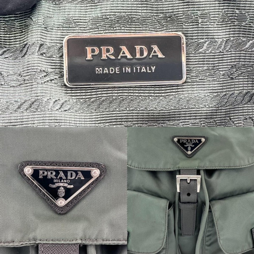 PRADA プラダ リュック 三角プレート トライアングルロゴ バックパパック オリーブ シルバー金具 メンズ【中古品】