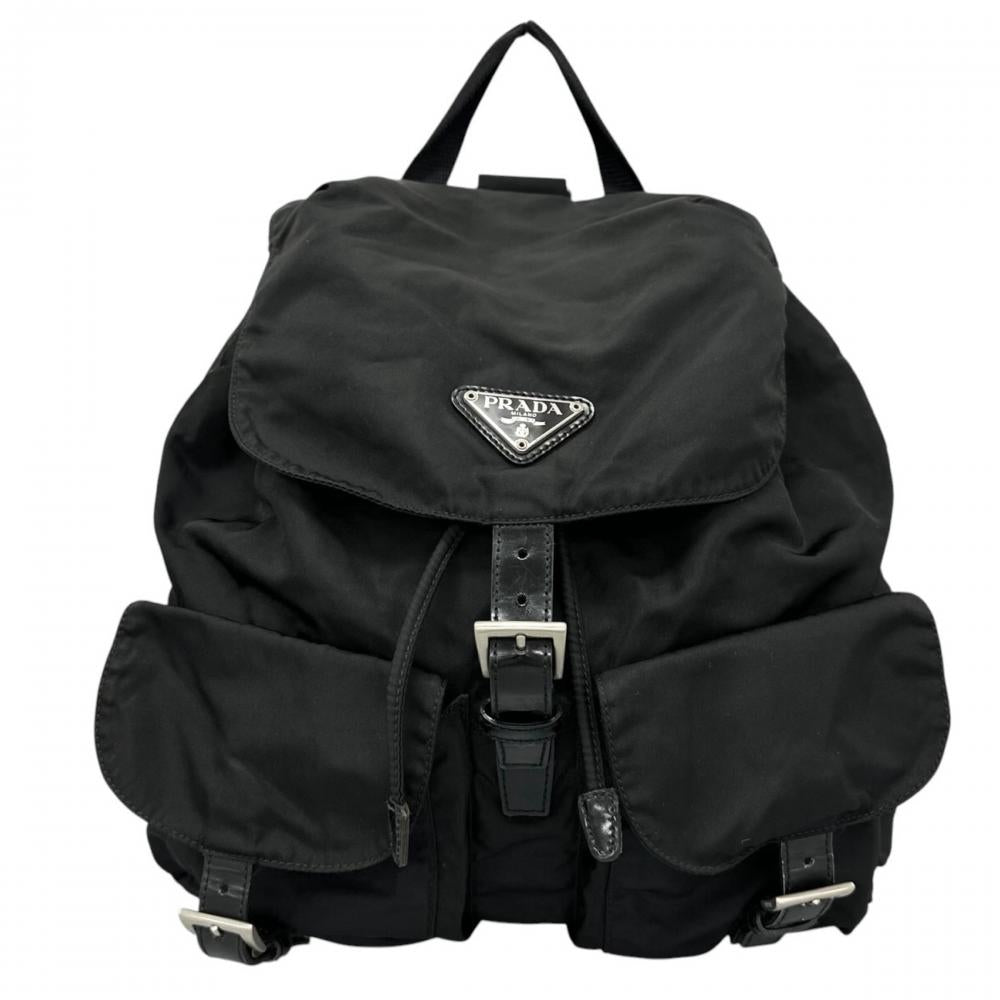 PRADA プラダ リュック バックパック トライアングルロゴ ナイロン ブラック 黒 シルバー金具 レディース【中古品】