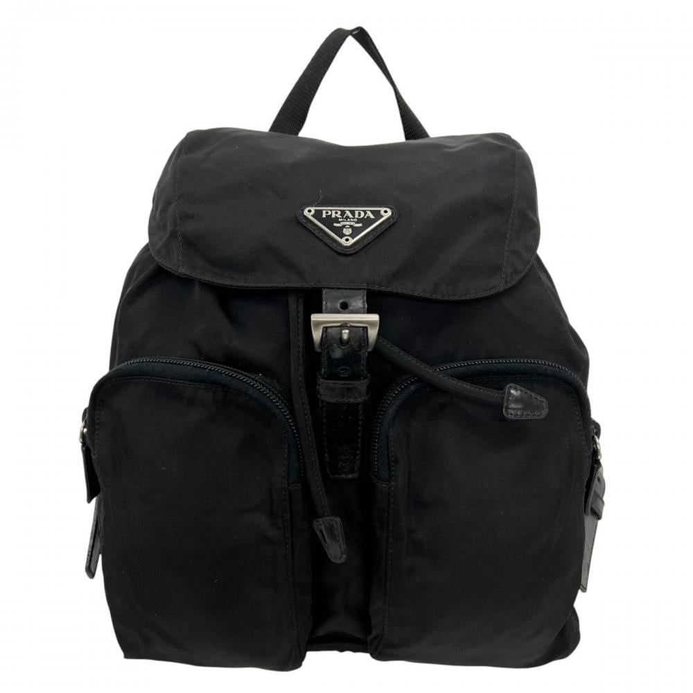 PRADA プラダ リュック テスート 三角ロゴプレート ナイロン レザー ブラック 黒 シルバー金具 レディース【中古品】