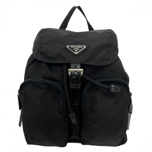 PRADA プラダ リュック テスート 三角ロゴプレート ナイロン レザー ブラック 黒 シルバー金具 レディース【中古品】