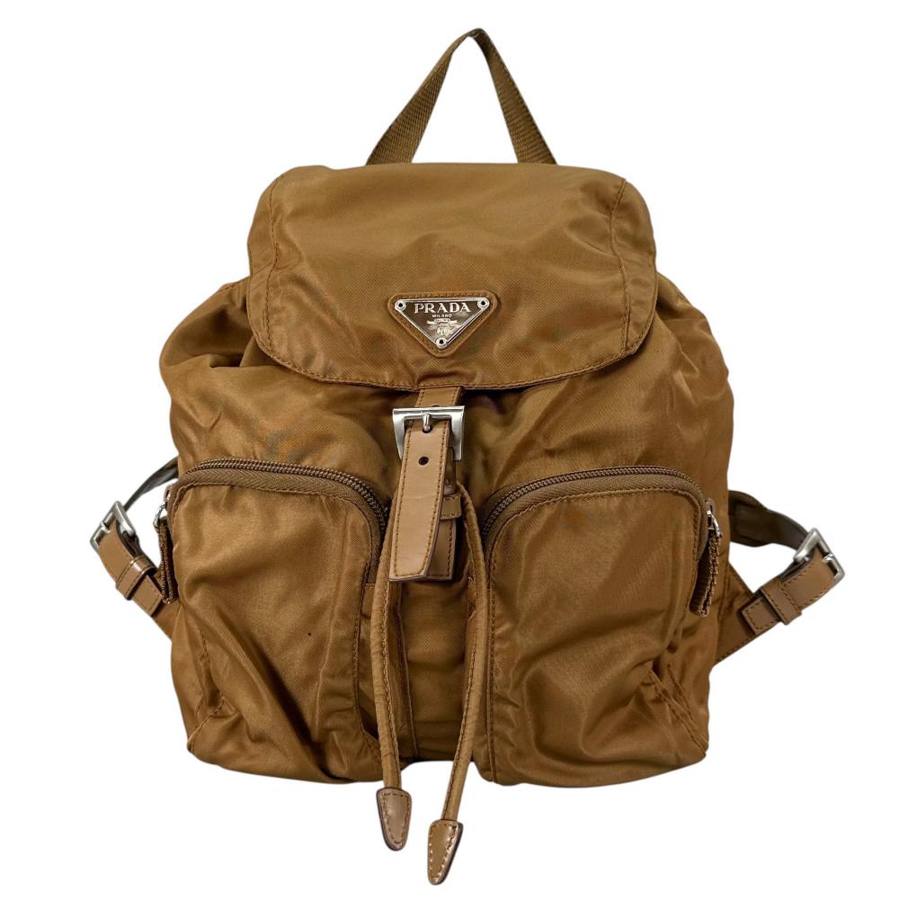 PRADA プラダ リュック テスート ナイロン トライアングルロゴ B5885 ナイロン ブラウン系 シルバー金具 レディース【中古品】