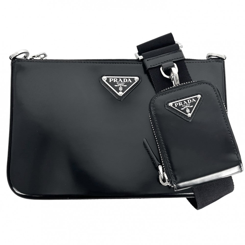 【開店SALE】 PRADA プラダ ショルダーバッグ トライアングルロゴ ポーチ付き かばん 鞄 2VH129 レザー ブラック 黒 シルバー金具 レディース【中古品】