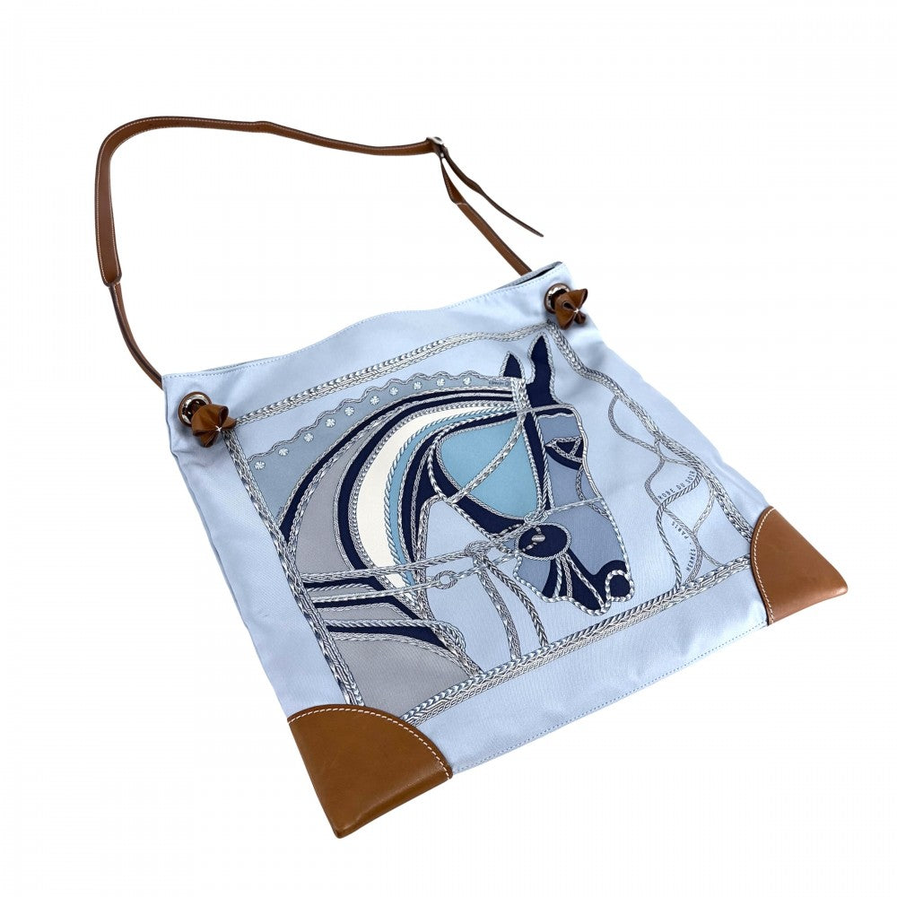 HERMES エルメス ショルダーバッグ シルキーシティMM ローブデュソワール ポーチ付き C刻印 レザー シルク ブルー 青 シルバー金具 レディース 2018年【中古品】