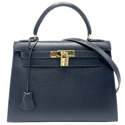 HERMES エルメス 2WAY ケリー28 外縫い ハンドバッグ ショルダーバッグ 〇V刻印 レザー ネイビー 紺 ゴールド金具 レディース 1992年【中古品】