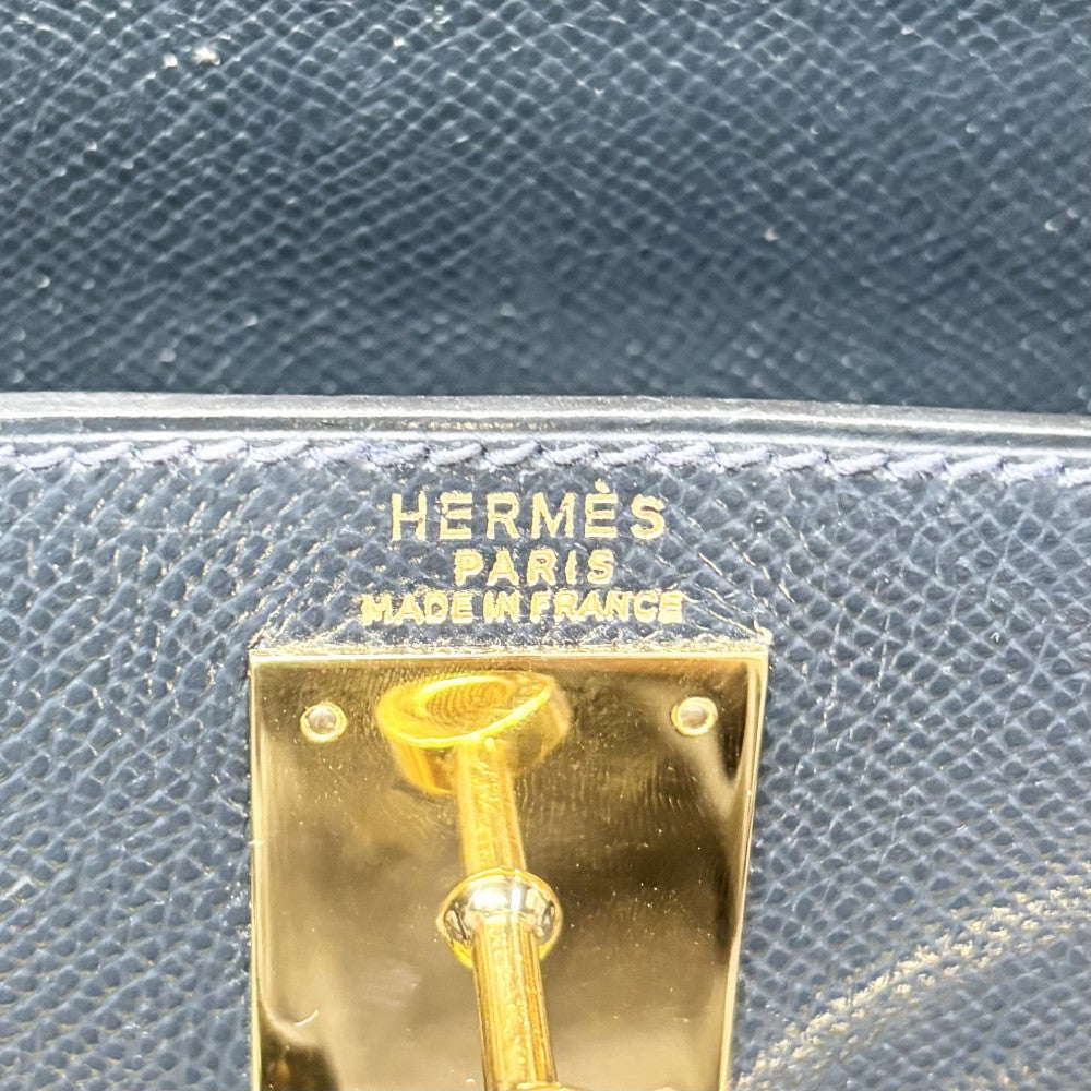 HERMES エルメス 2WAY ケリー28 外縫い ハンドバッグ ショルダーバッグ 〇V刻印 レザー ネイビー 紺 ゴールド金具 レディース 1992年【中古品】