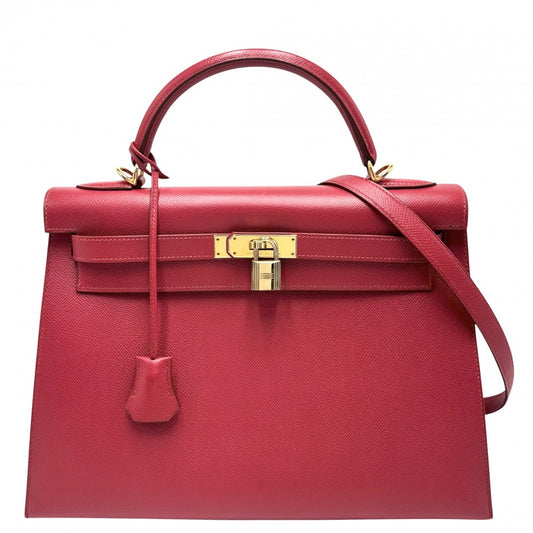 HERMES エルメス ハンドバッグ ケリー32 外縫い □D刻印 レザー レッド 赤 ゴールド金具 レディース 2000年【中古品】