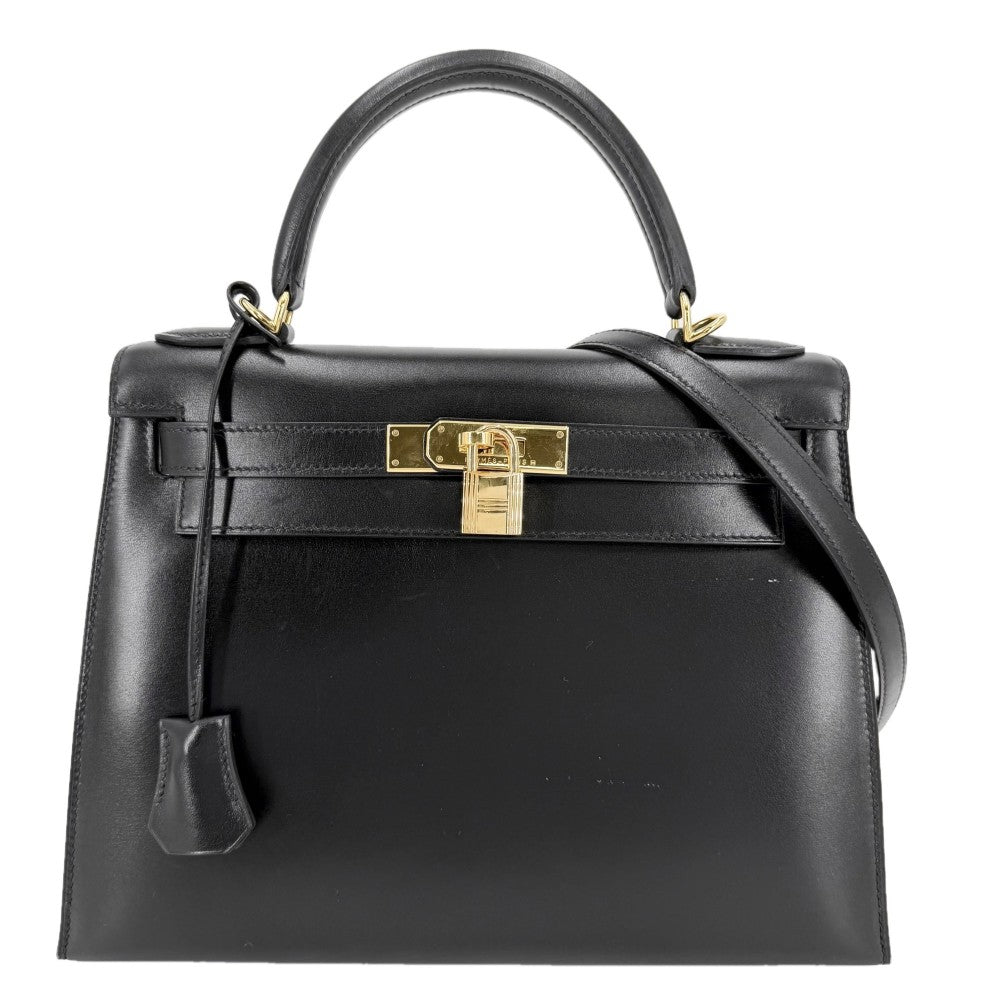 【開店SALE】 HERMES エルメス 2WAY ケリー28 外縫い ハンドバッグ ショルダーバッグ □D刻印 ボックスカーフ ブラック 黒 ゴールド金具 レディース 2000年【中古品】