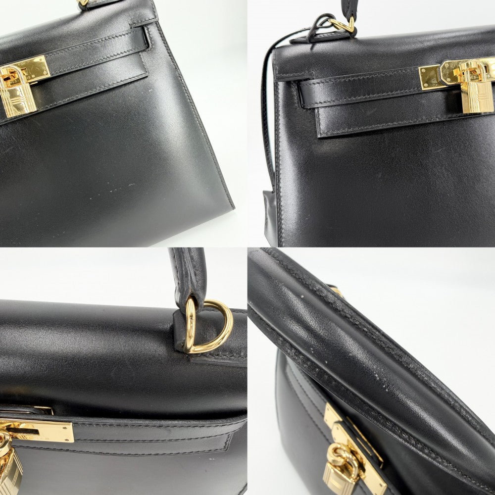 【開店SALE】 HERMES エルメス 2WAY ケリー28 外縫い ハンドバッグ ショルダーバッグ □D刻印 ボックスカーフ ブラック 黒 ゴールド金具 レディース 2000年【中古品】