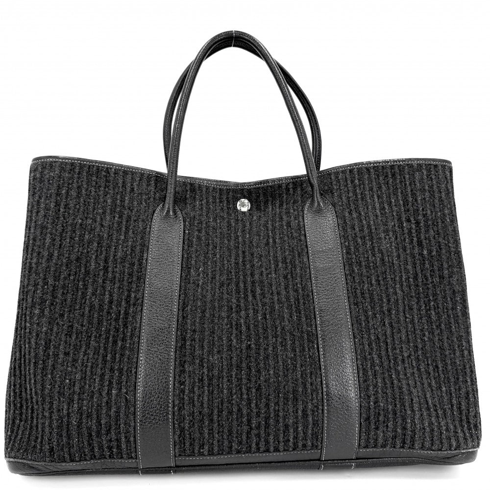 HERMES エルメス ハンドバッグ プリーツ ガーデンパーティGM 43 トートバッグ □J刻印 フェルト レザー ブラック 黒 シルバー金具 レディース 2006年【中古品】