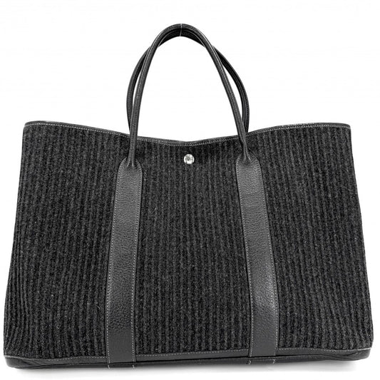 HERMES エルメス ハンドバッグ プリーツ ガーデンパーティGM 43 トートバッグ □J刻印 フェルト レザー ブラック 黒 シルバー金具 レディース 2006年【中古品】