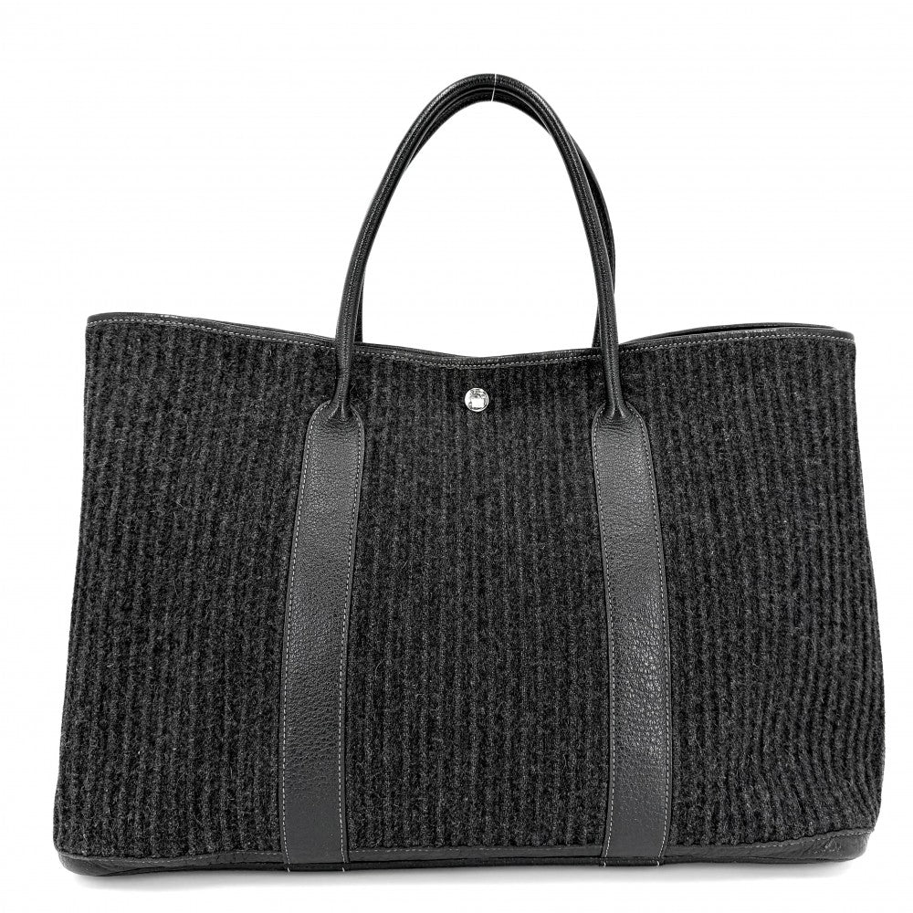 HERMES エルメス ハンドバッグ プリーツ ガーデンパーティGM 43 トートバッグ □J刻印 フェルト レザー ブラック 黒 シルバー金具 レディース 2006年【中古品】