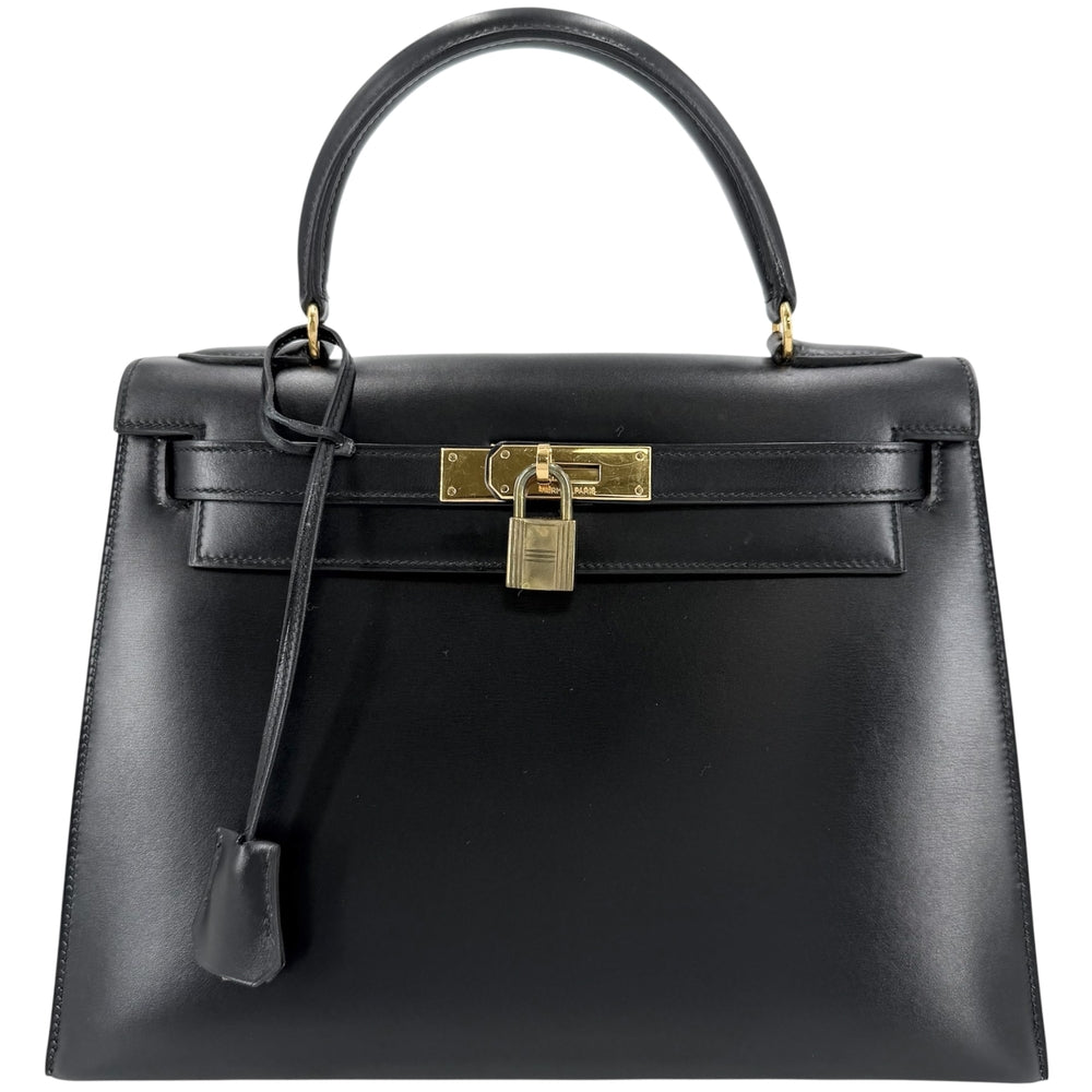 HERMES エルメス ハンドバッグ ケリー28 外縫い 〇H刻印 ボックスカーフ ブラック 黒 ゴールド金具 レディース 1978年【中古品】
