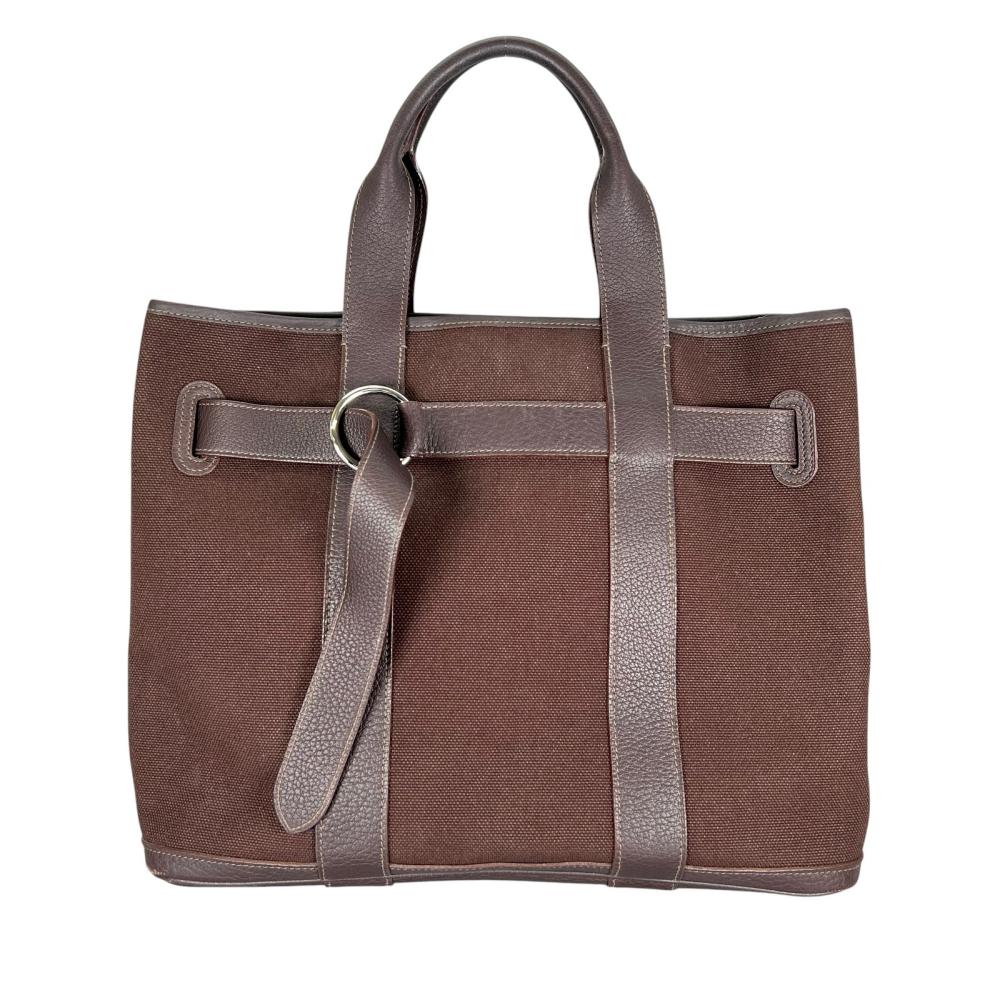 HERMES エルメス トートバッグ プティットサンチュールMM ビジネスバッグ □J刻印 キャンバス レザー ブラウン 茶 シルバー金具 レディース 2006年【中古品】