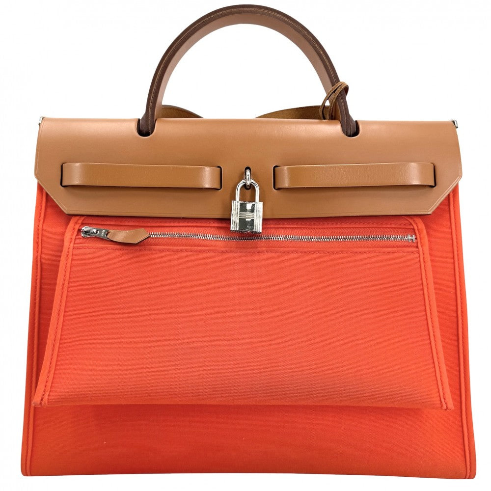 HERMES エルメス 2WAY エールバッグPM ハンドバッグ ショルダーバッグ D刻印 レザー キャンバス オレンジ ブラウン 茶 シルバー金具 レディース 2019年【中古品】