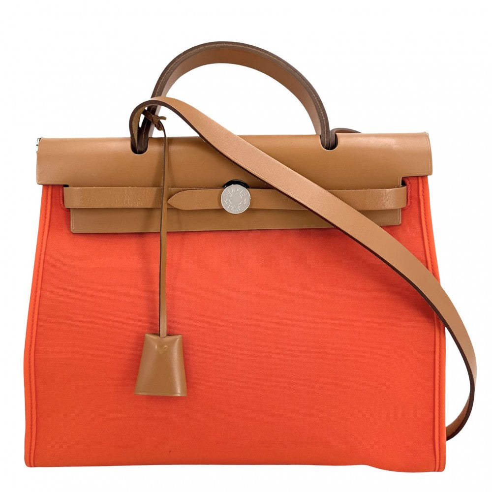 HERMES エルメス 2WAY エールバッグPM ハンドバッグ ショルダーバッグ D刻印 レザー キャンバス オレンジ ブラウン 茶 シルバー金具 レディース 2019年【中古品】