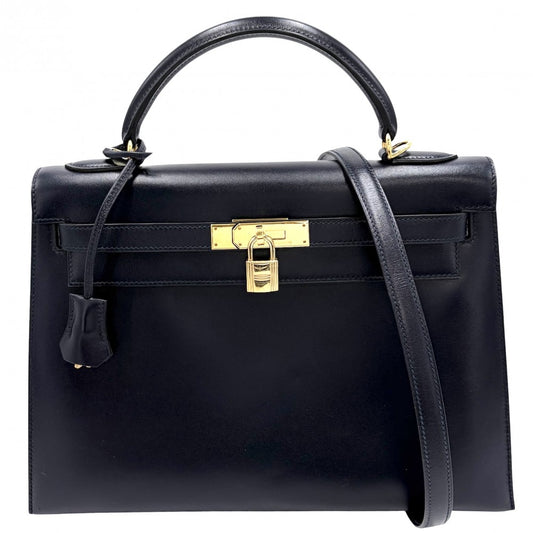 HERMES エルメス 2WAY ケリー32 外縫い ハンドバッグ ショルダーバッグ □F刻印 ボックスカーフ ネイビー 紺 ゴールド金具 レディース 2002年【中古品】