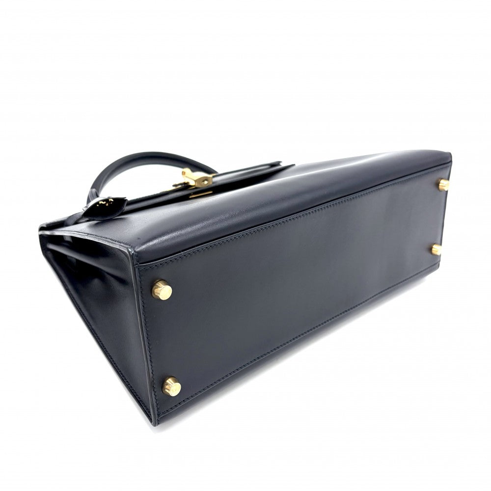 HERMES エルメス 2WAY ケリー32 外縫い ハンドバッグ ショルダーバッグ □F刻印 ボックスカーフ ネイビー 紺 ゴールド金具 レディース 2002年【中古品】