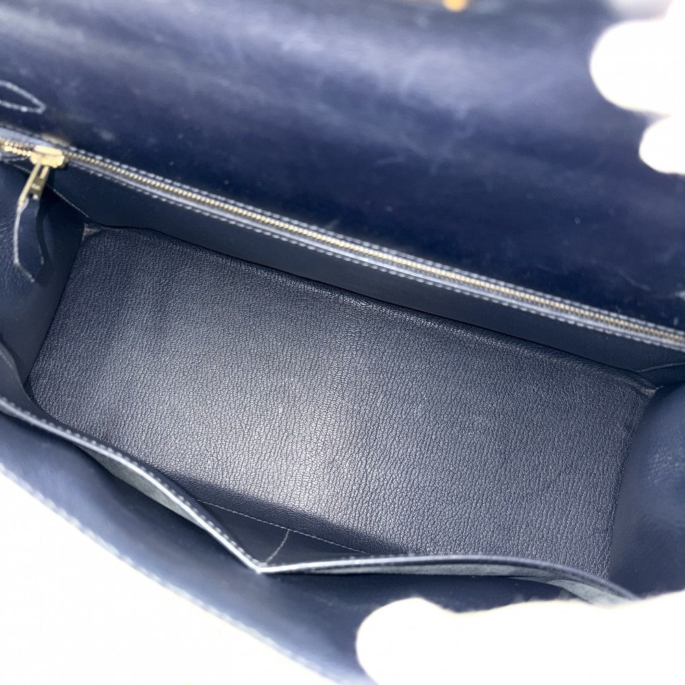 HERMES エルメス 2WAY ケリー32 外縫い ハンドバッグ ショルダーバッグ □F刻印 ボックスカーフ ネイビー 紺 ゴールド金具 レディース 2002年【中古品】