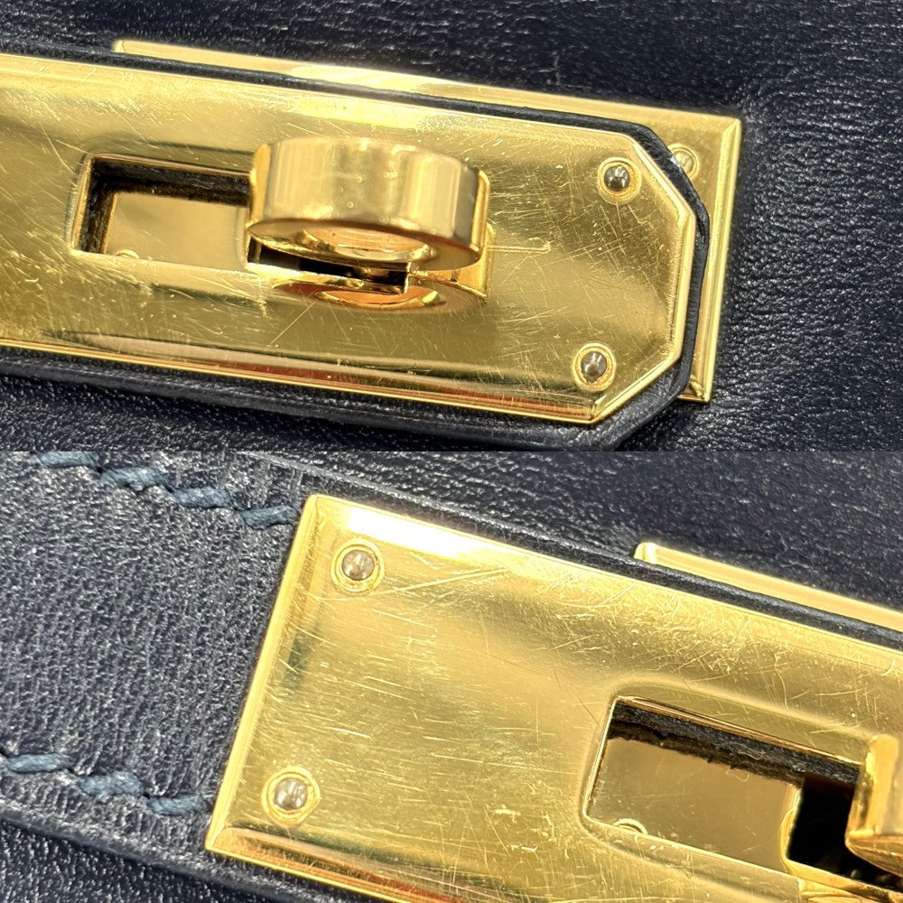 HERMES エルメス 2WAY ケリー32 外縫い ハンドバッグ ショルダーバッグ □F刻印 ボックスカーフ ネイビー 紺 ゴールド金具 レディース 2002年【中古品】