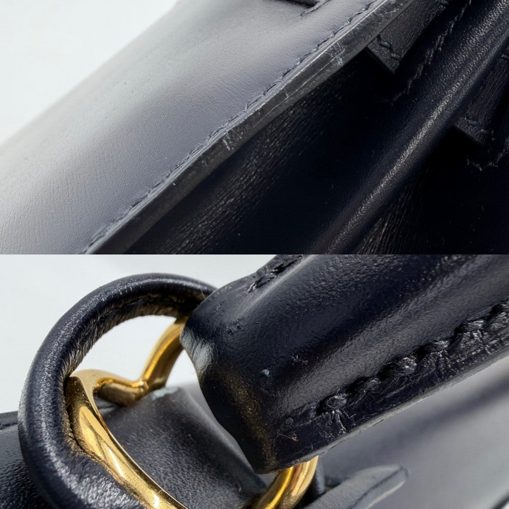 HERMES エルメス 2WAY ケリー32 外縫い ハンドバッグ ショルダーバッグ □F刻印 ボックスカーフ ネイビー 紺 ゴールド金具 レディース 2002年【中古品】