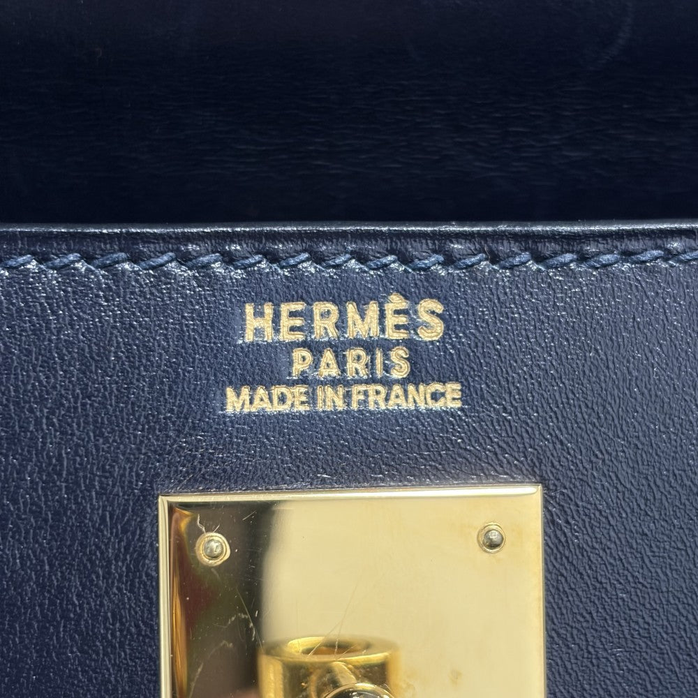 HERMES エルメス 2WAY ケリー32 外縫い ハンドバッグ ショルダーバッグ □F刻印 ボックスカーフ ネイビー 紺 ゴールド金具 レディース 2002年【中古品】