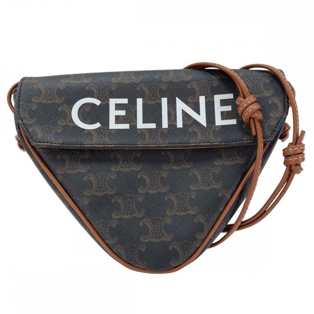 CELINE セリーヌ ショルダーバッグ トリオンフ トライアングル ミニバッグ ロゴ プリント ブラウン 茶 ホワイト 白 レディース【中古品】