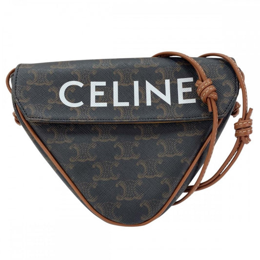 CELINE セリーヌ ショルダーバッグ トリオンフ トライアングル ミニバッグ ロゴ プリント ブラウン 茶 ホワイト 白 レディース【中古品】