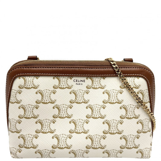 CELINE セリーヌ ショルダーバッグ トリオンフ チェーン付きクラッチ PVCコーティングキャンバス レザー ホワイト 白 ゴールド金具 レディース【中古品】